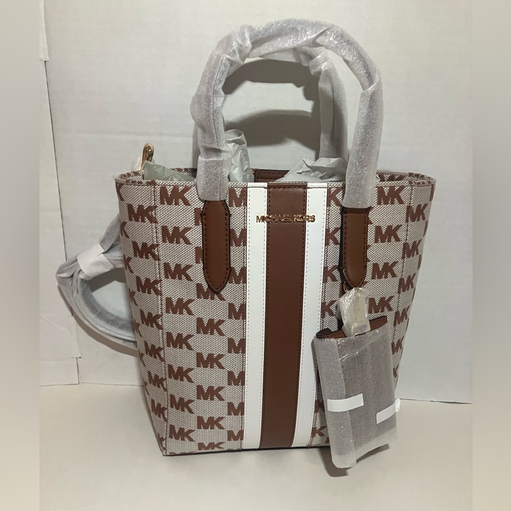 Michael Kors Brown and White MK Monogram Tote with Card case